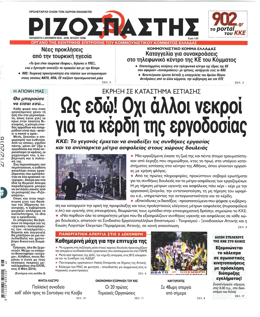 Πρωτοσέλιδο εφημερίδας Ριζοσπάστης