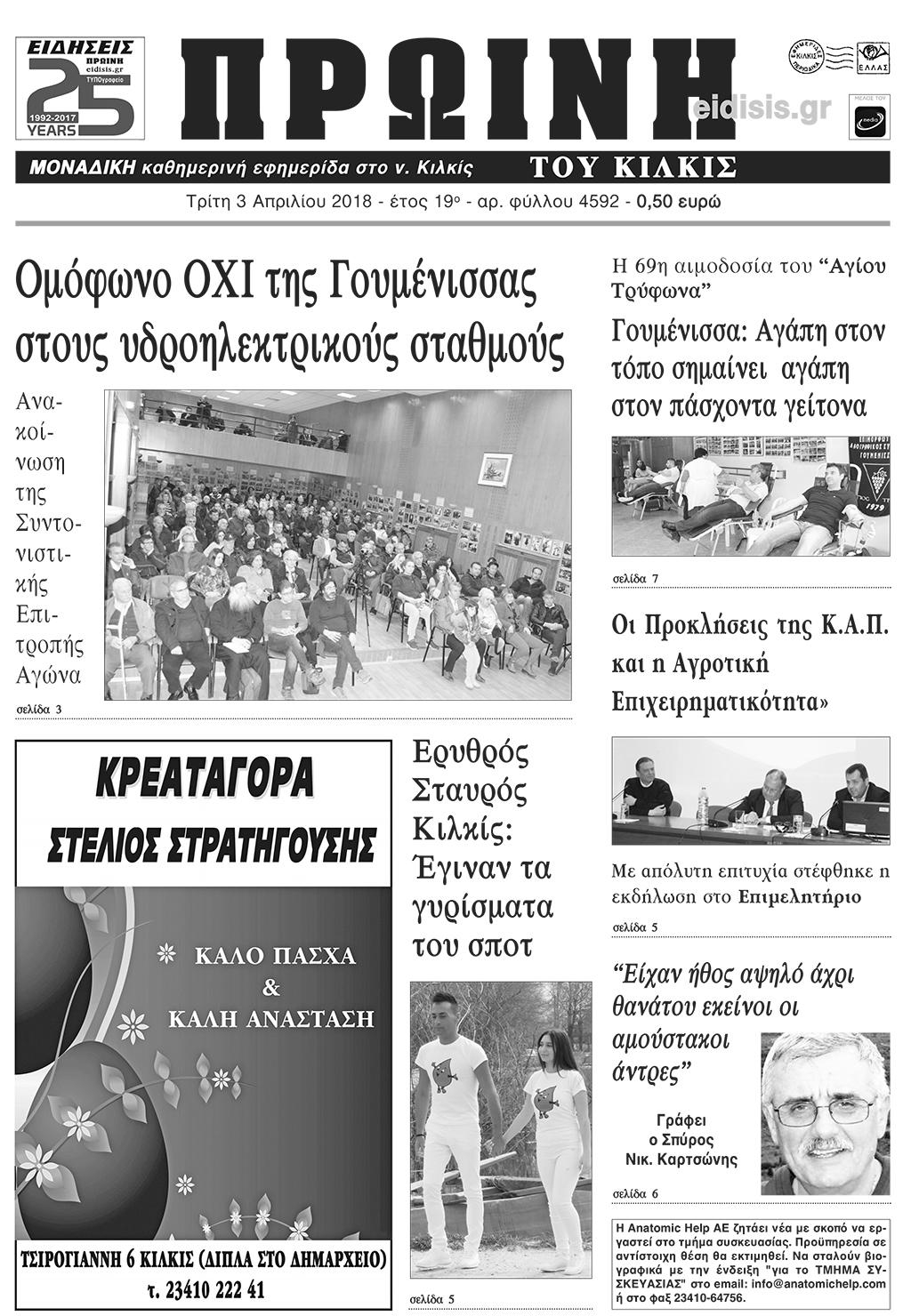 Πρωτοσέλιδο εφημερίδας Πρωινή Κιλκίς