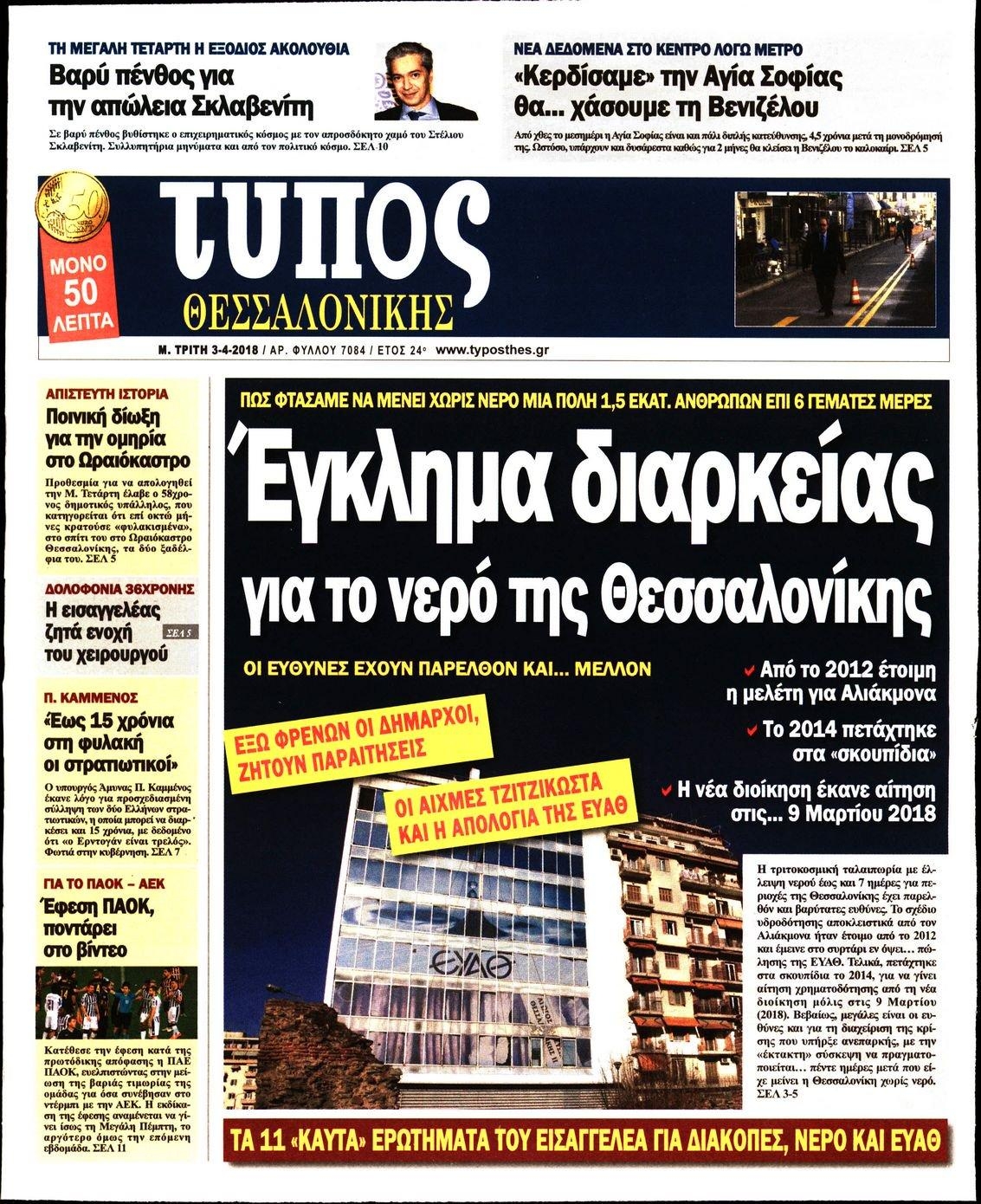 Πρωτοσέλιδο εφημερίδας Τύπος Θεσσαλονίκης