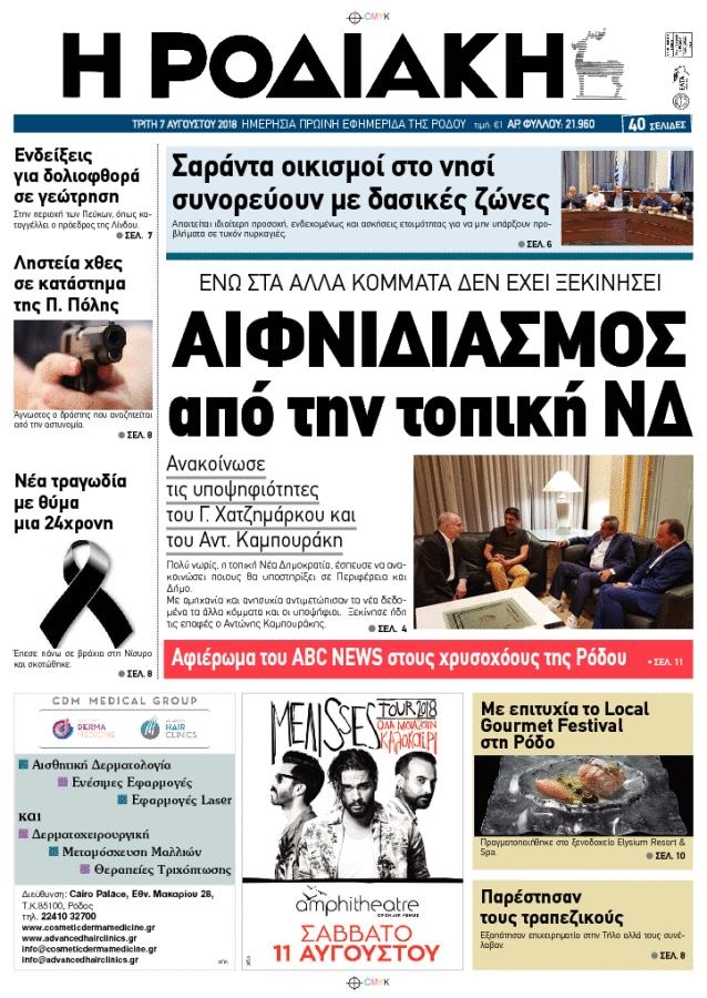 Πρωτοσέλιδο εφημερίδας Ροδιακή