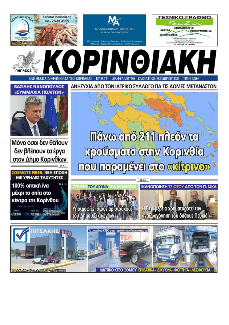 Πρωτοσέλιδο εφημερίδας Κορινθιακή