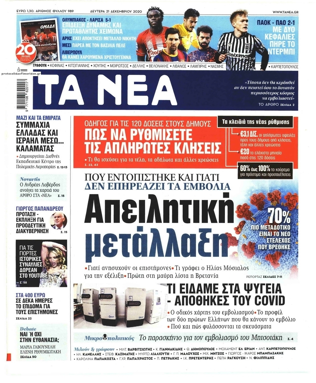 Πρωτοσέλιδο εφημερίδας Τα Νέα