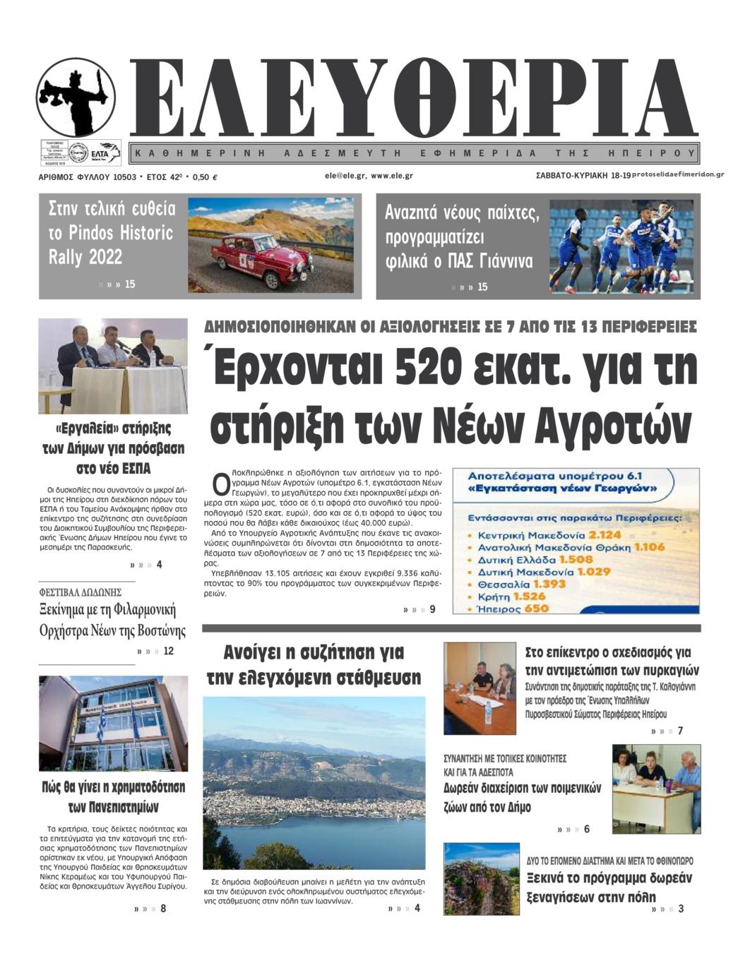 Πρωτοσέλιδο εφημερίδας Ελευθερία Ηπείρου