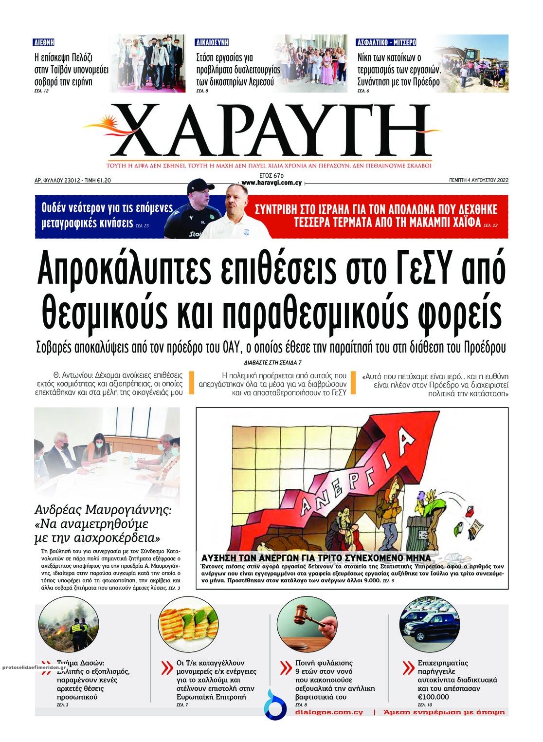 Πρωτοσέλιδο εφημερίδας Χαραυγή Κυπρου