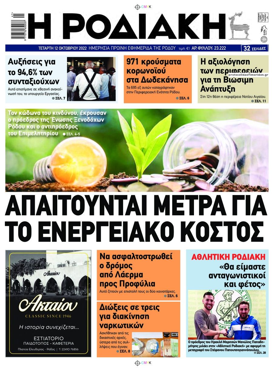 Πρωτοσέλιδο εφημερίδας Ροδιακή