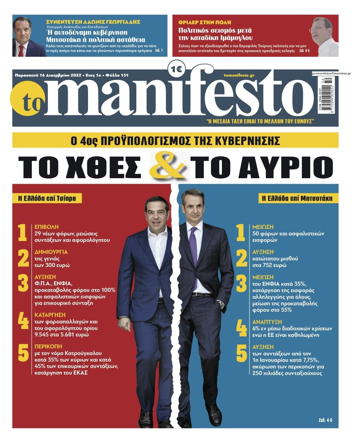 Πρωτοσέλιδο εφημερίδας Το Manifesto