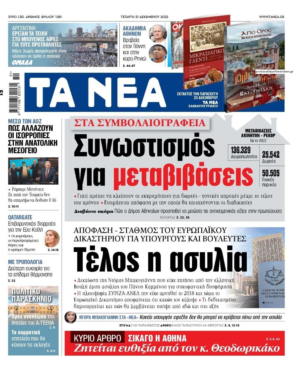 Πρωτοσέλιδο εφημερίδας Τα Νέα