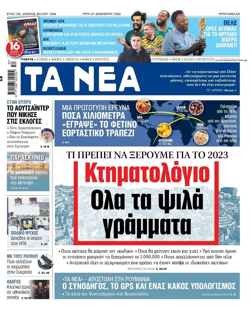 Πρωτοσέλιδο εφημερίδας Τα Νέα