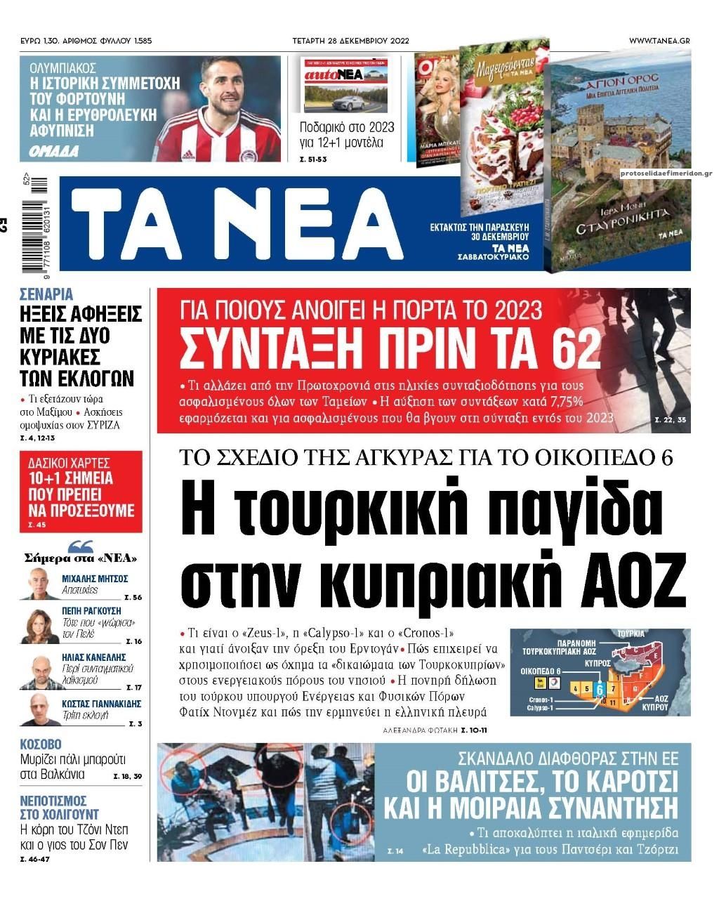 Πρωτοσέλιδο εφημερίδας Τα Νέα