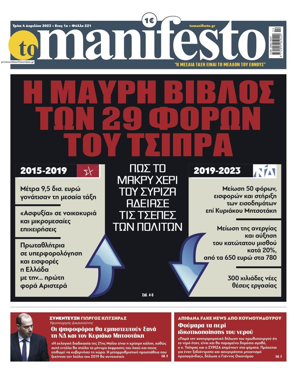 Πρωτοσέλιδο εφημερίδας Το Manifesto