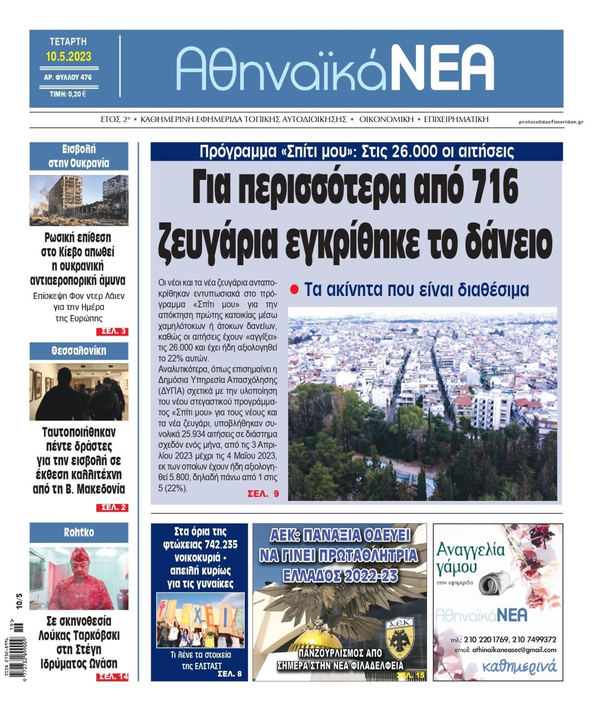 Πρωτοσέλιδο εφημερίδας Αθηναϊκά Νέα