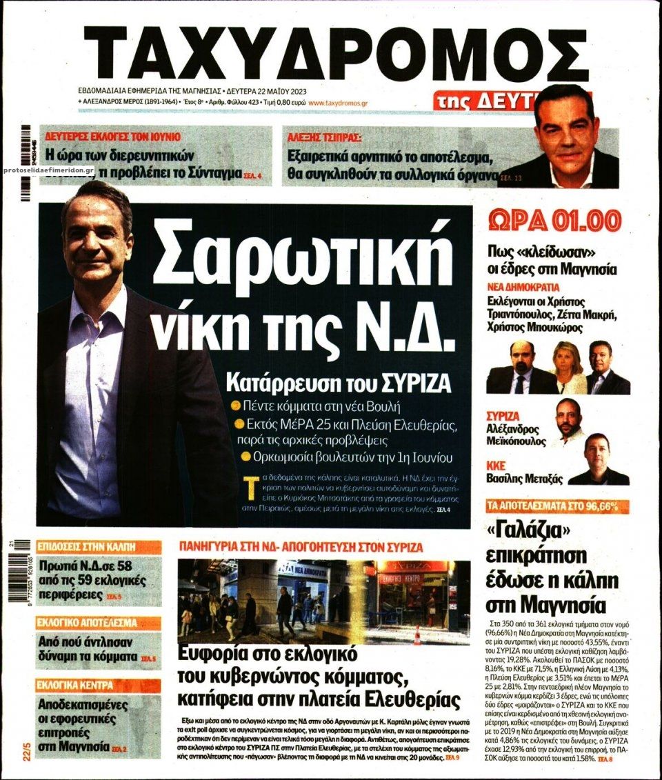 Πρωτοσέλιδο εφημερίδας Ταχυδρόμος