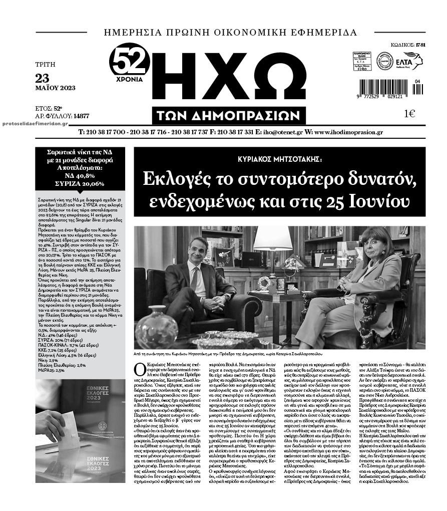 Πρωτοσέλιδο εφημερίδας Ηχώ