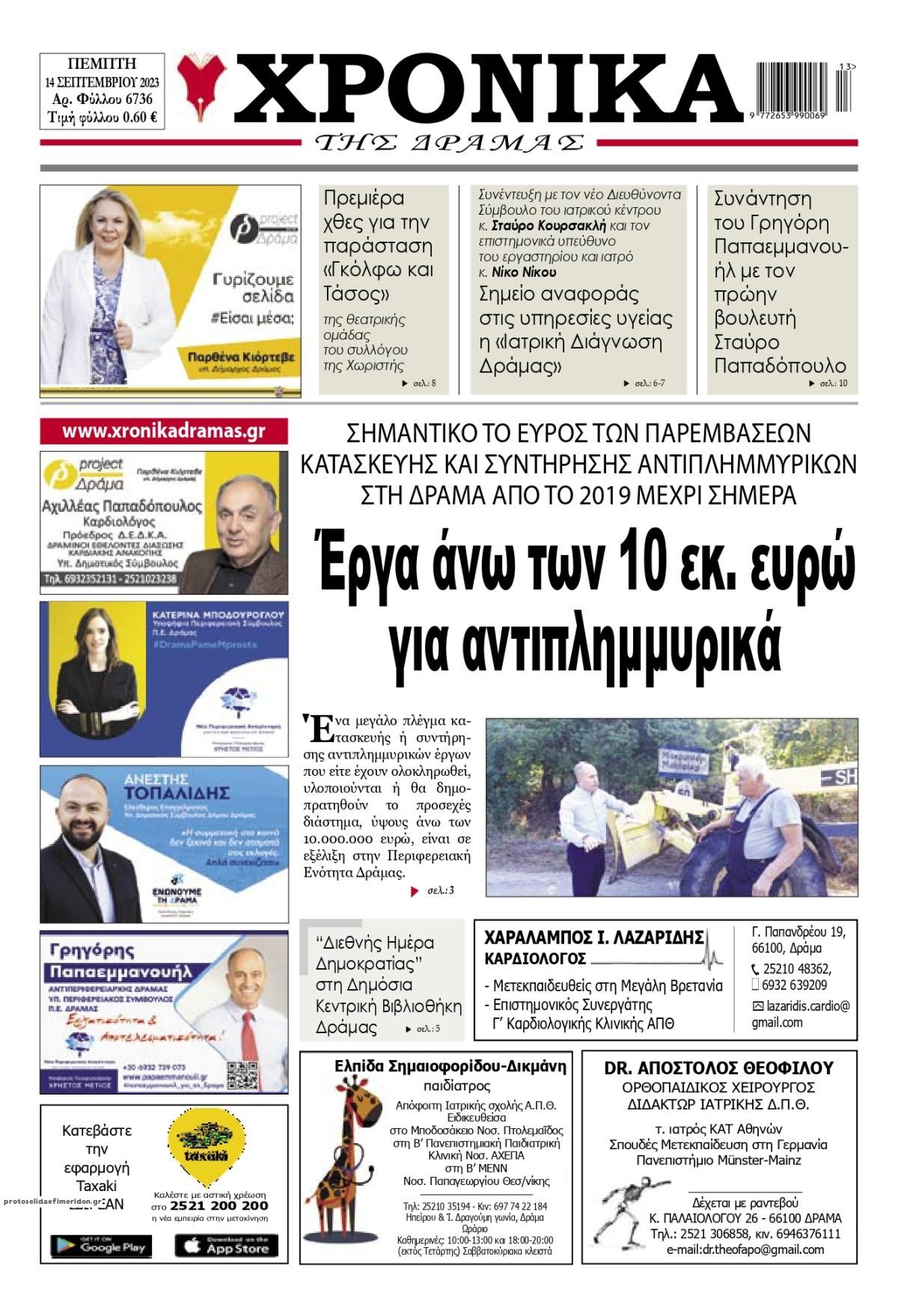 Πρωτοσέλιδο εφημερίδας Χρονικά Δράμας