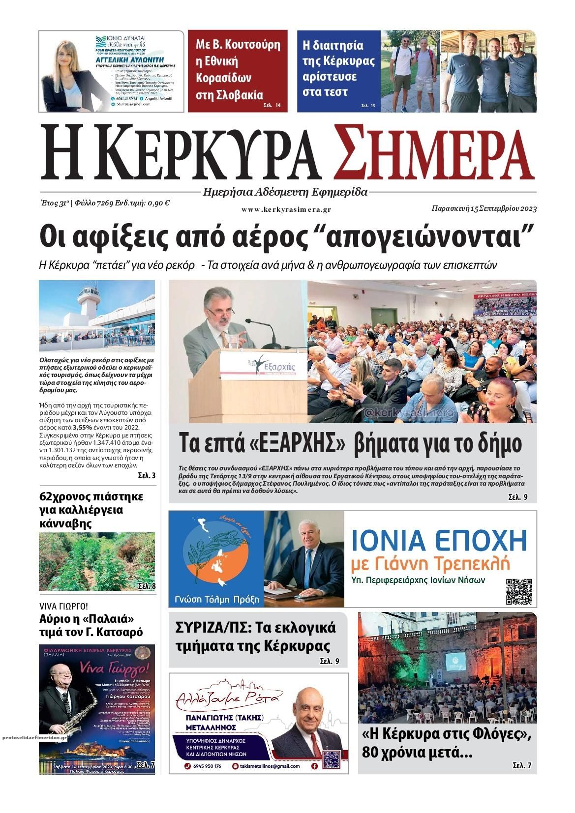 Πρωτοσέλιδο εφημερίδας Η Κέρκυρα Σήμερα