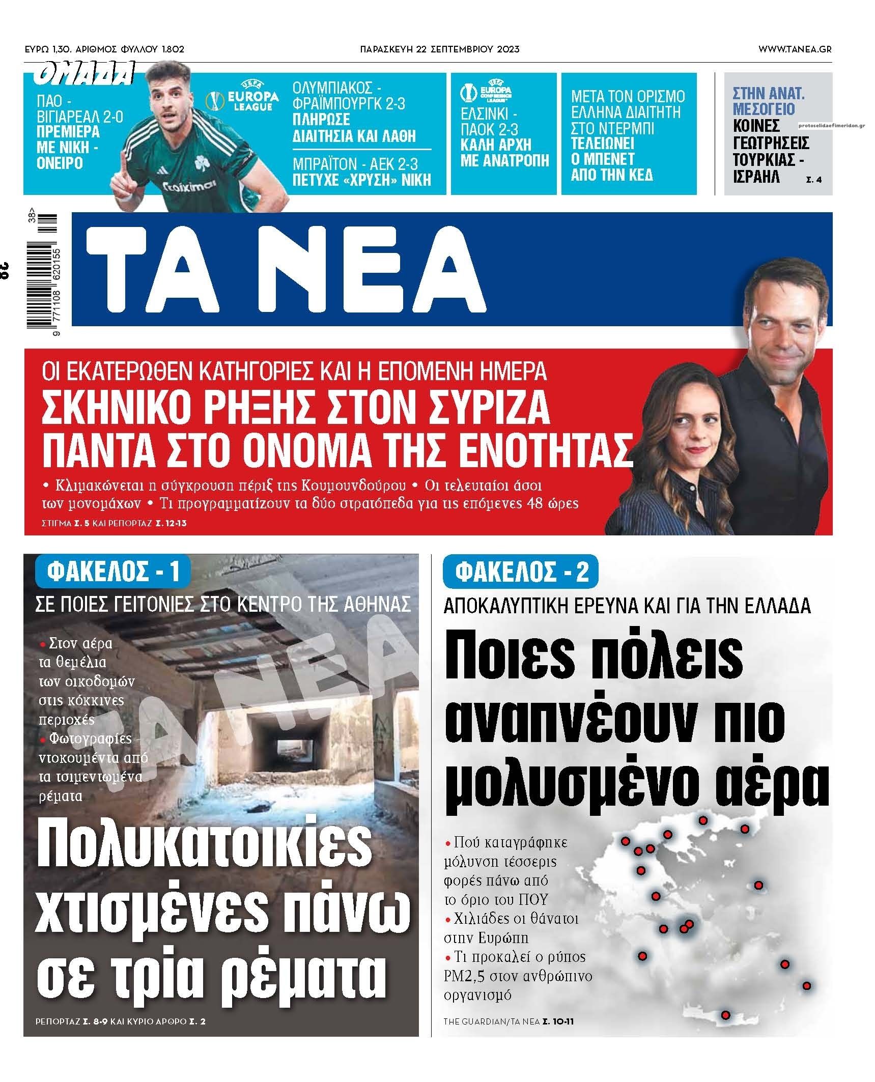 Πρωτοσέλιδο εφημερίδας Τα Νέα