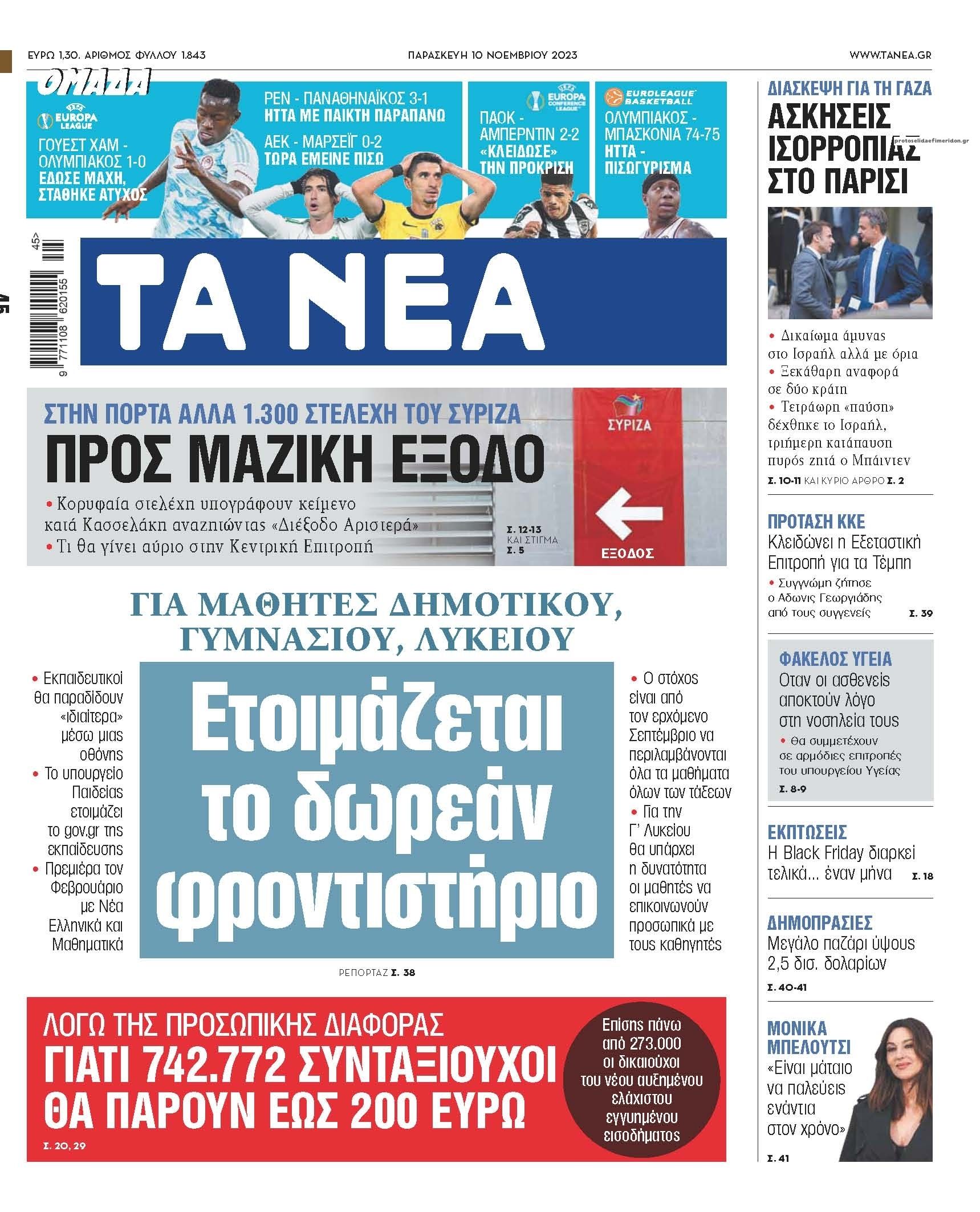 Πρωτοσέλιδο εφημερίδας Τα Νέα