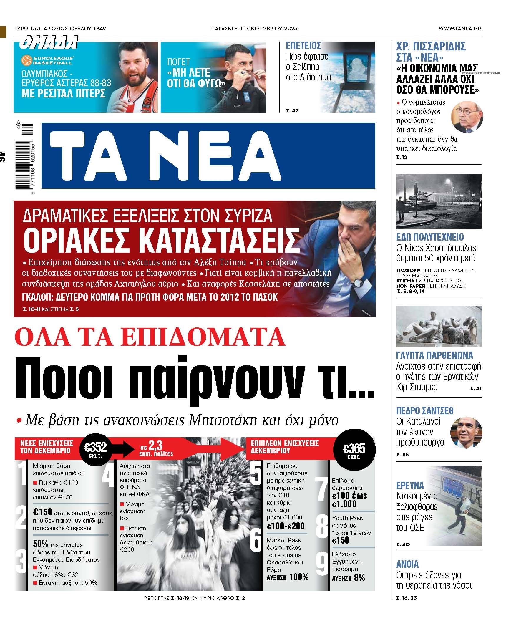 Πρωτοσέλιδο εφημερίδας Τα Νέα