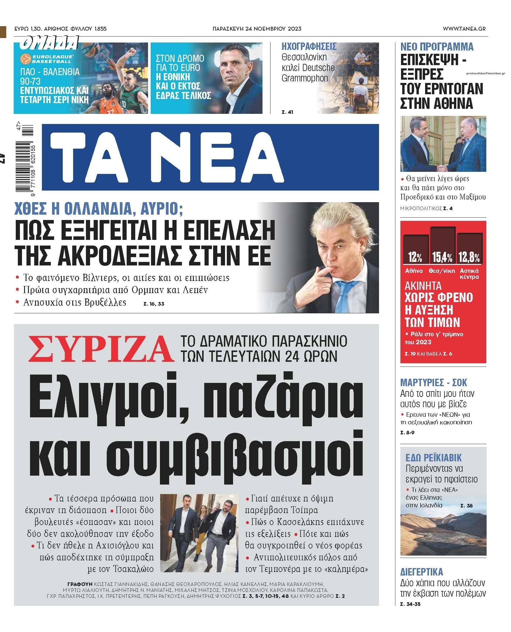 Πρωτοσέλιδο εφημερίδας Τα Νέα