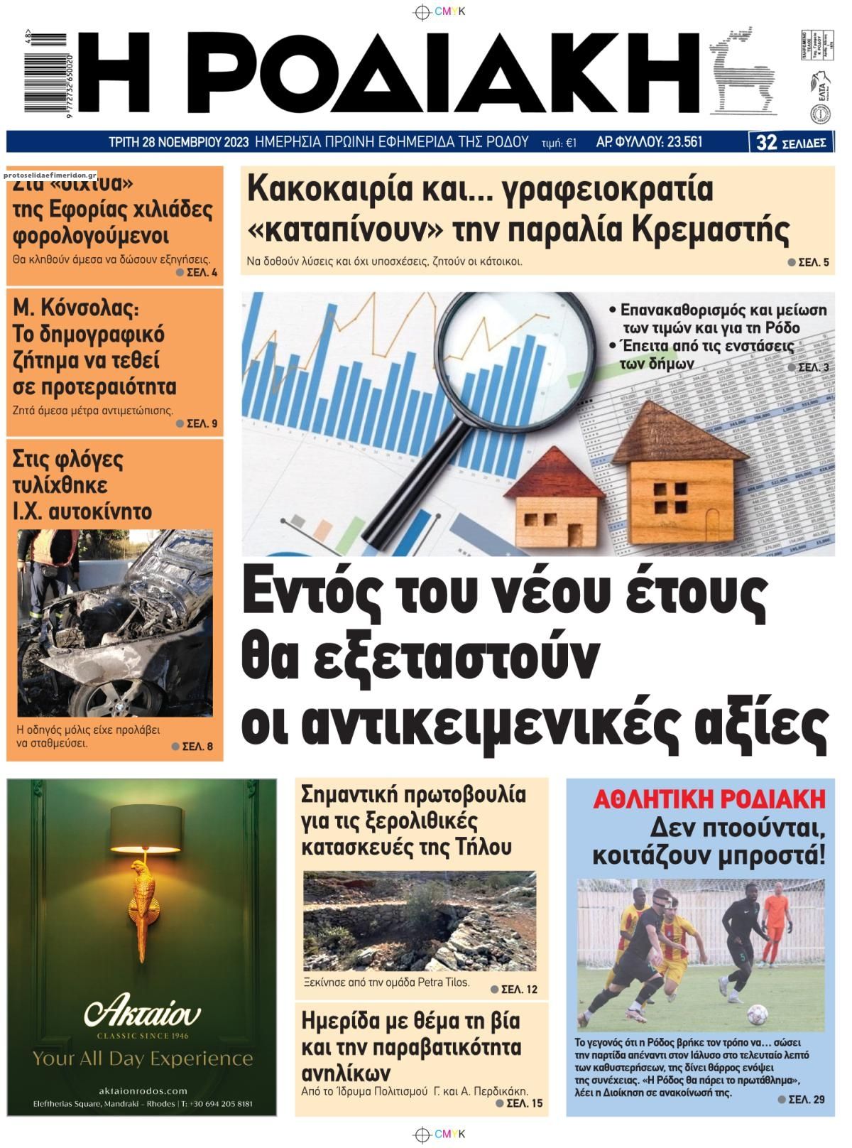 Πρωτοσέλιδο εφημερίδας Ροδιακή