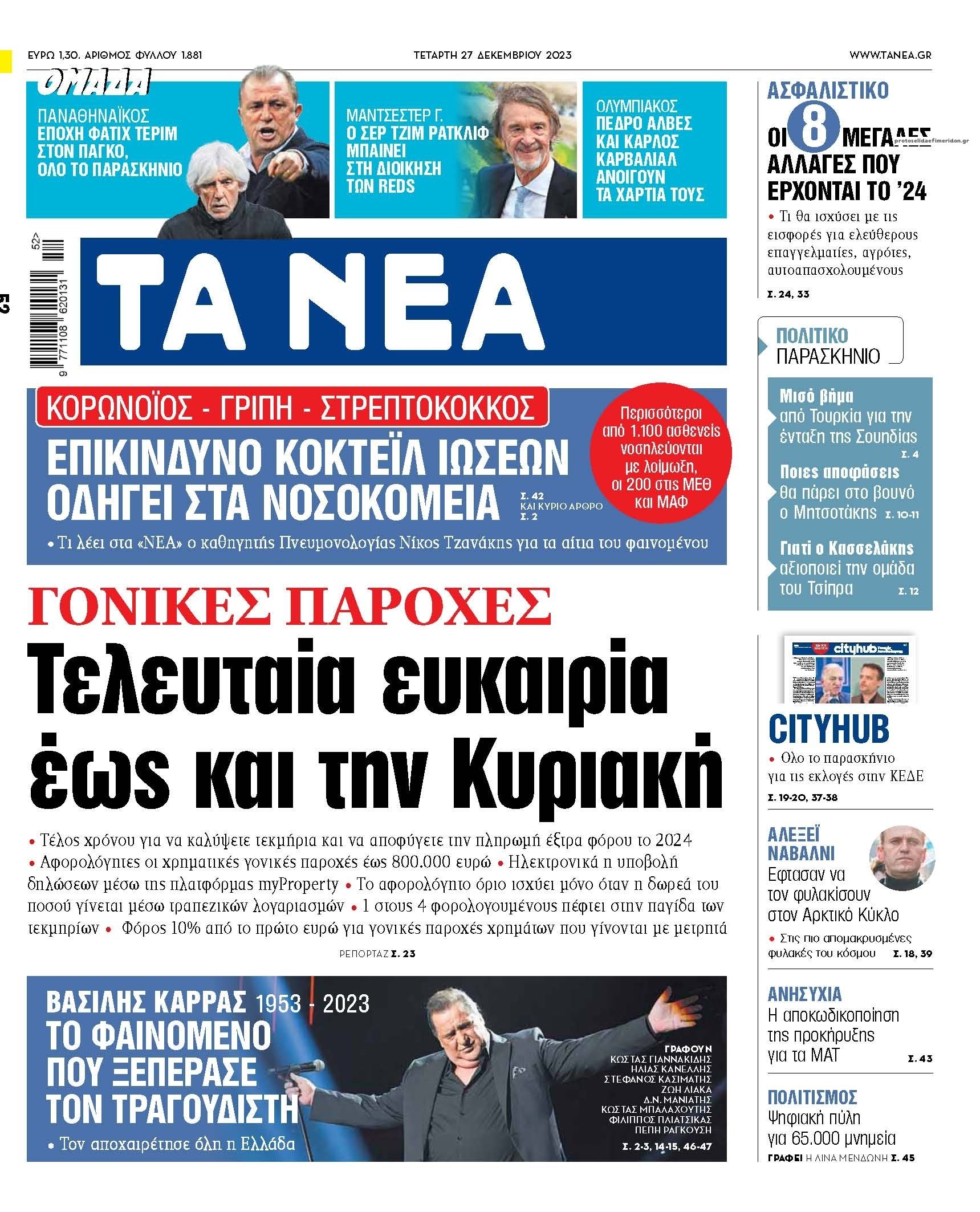 Πρωτοσέλιδο εφημερίδας Τα Νέα