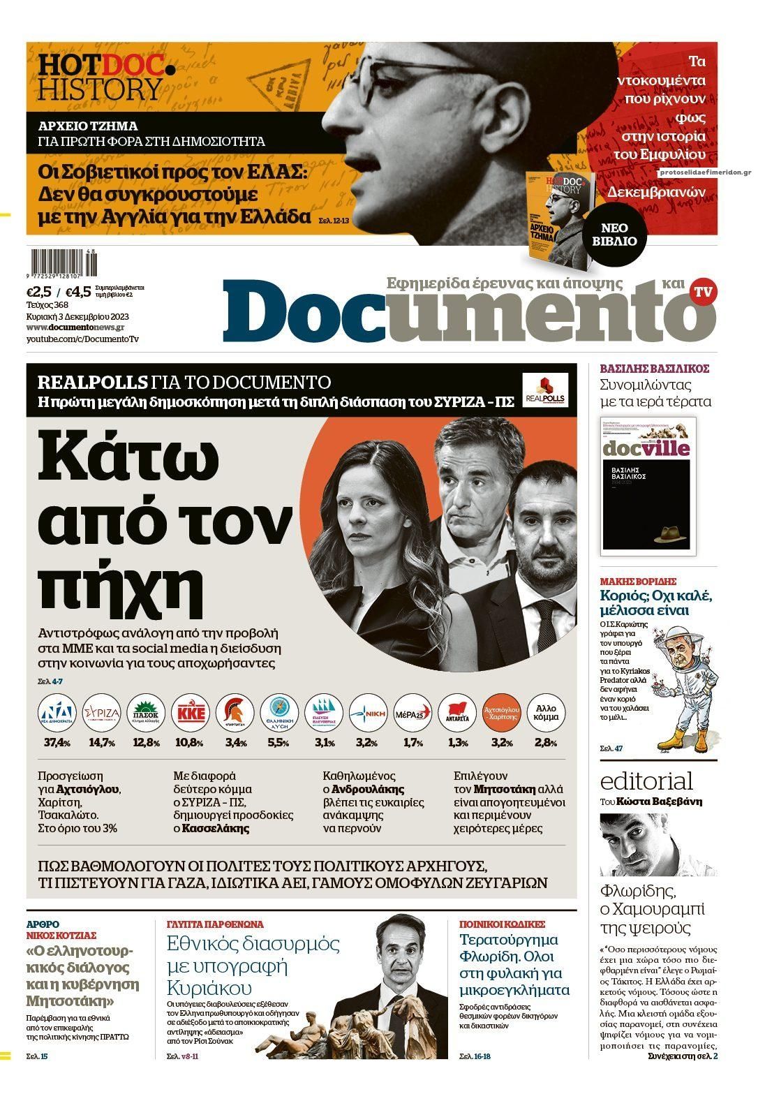 Πρωτοσέλιδο εφημερίδας Documento