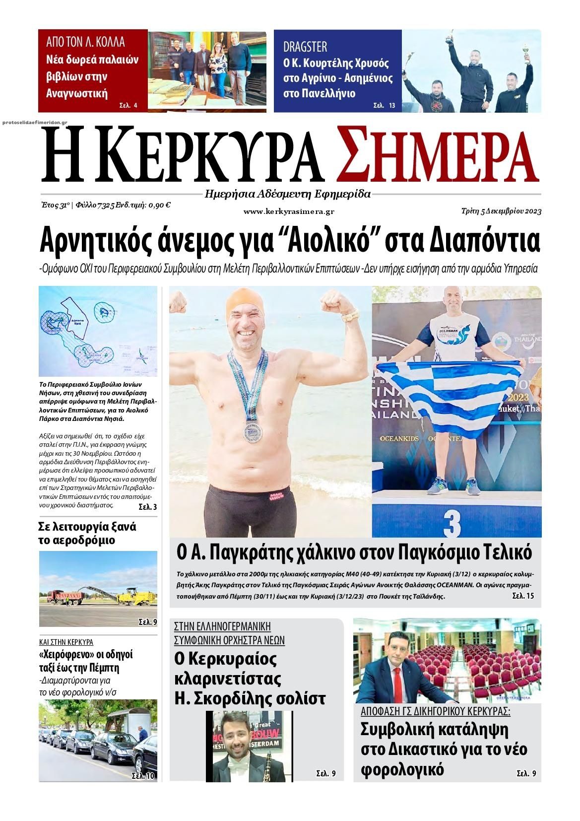 Πρωτοσέλιδο εφημερίδας Η Κέρκυρα Σήμερα