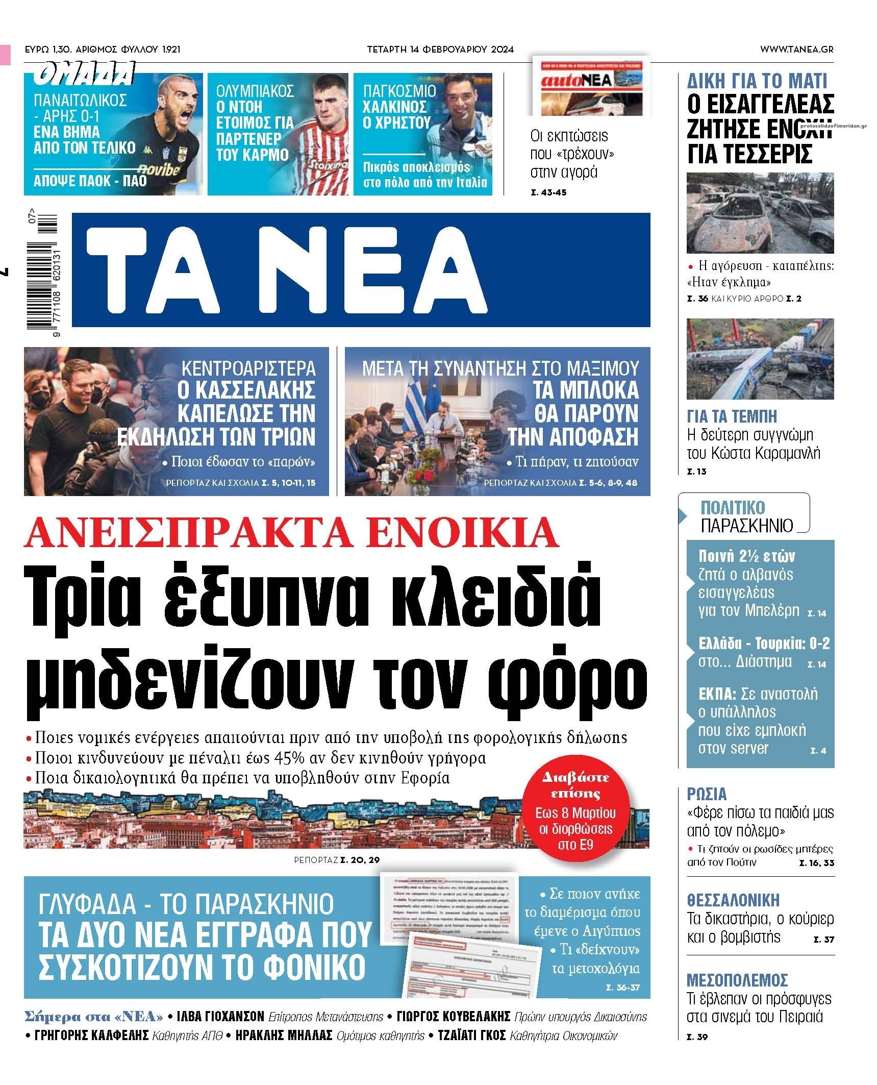 Πρωτοσέλιδο εφημερίδας Τα Νέα