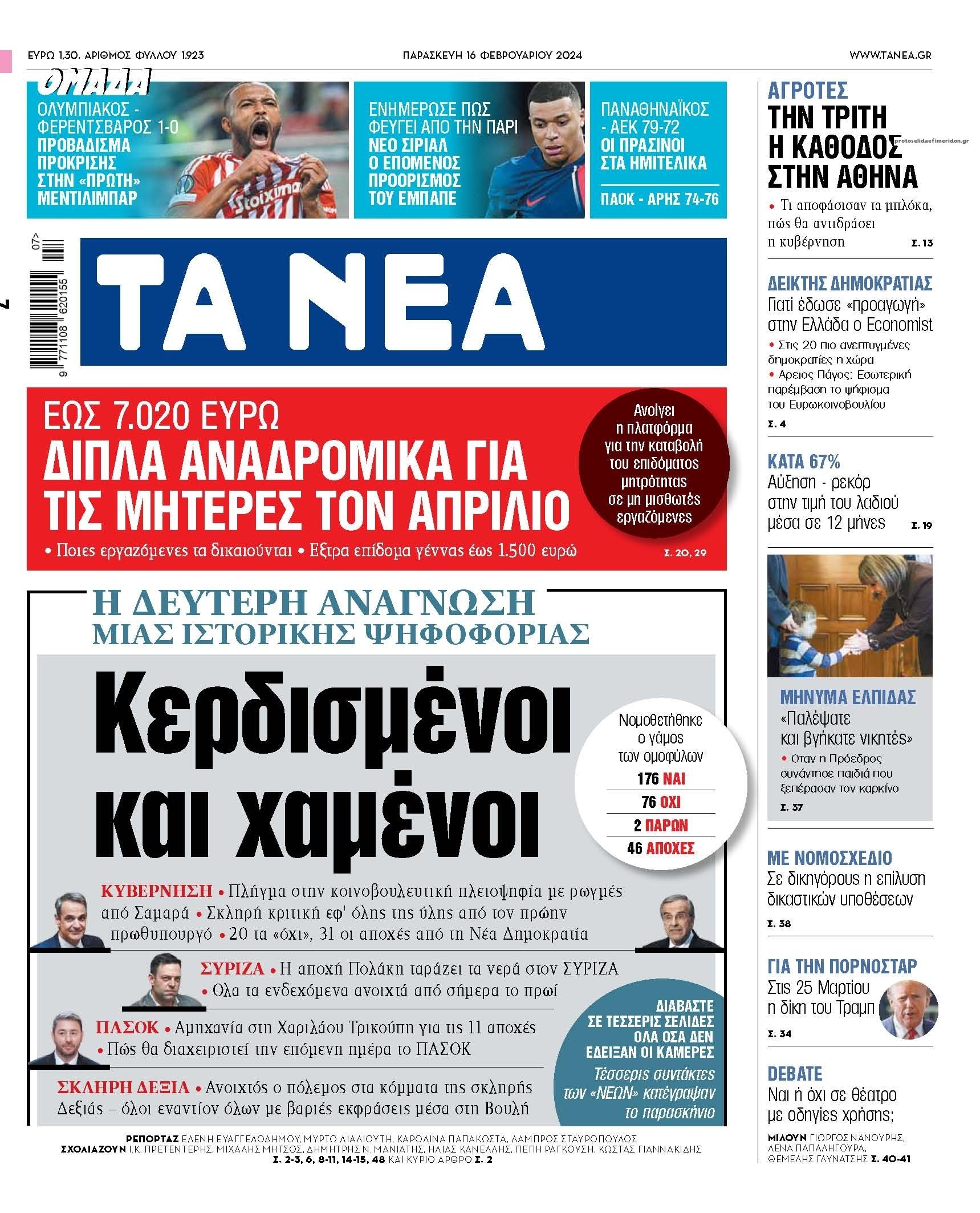 Πρωτοσέλιδο εφημερίδας Τα Νέα