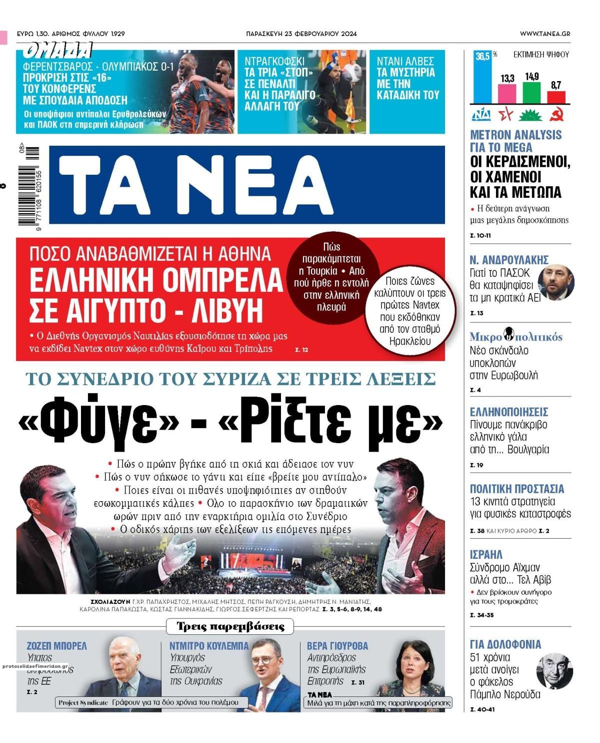 Πρωτοσέλιδο εφημερίδας Τα Νέα