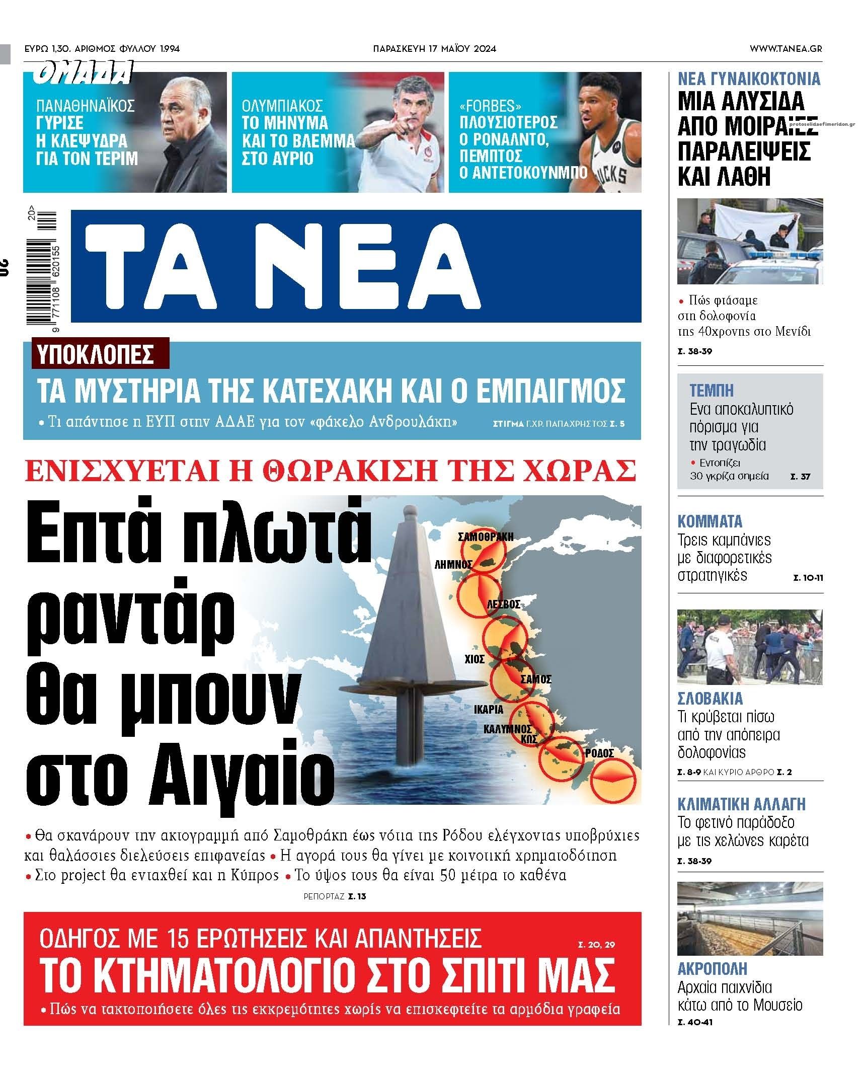 Πρωτοσέλιδο εφημερίδας Τα Νέα