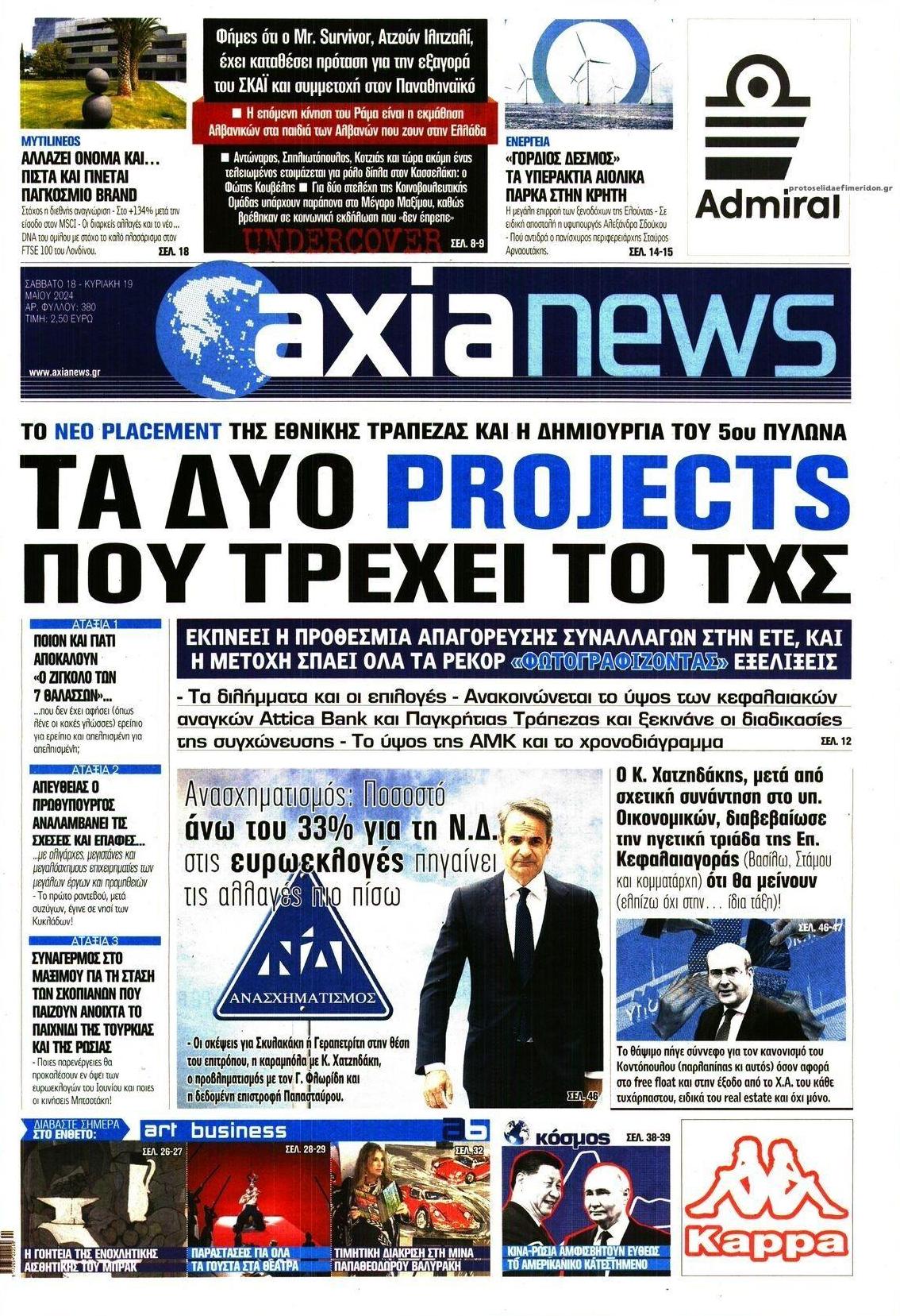 Πρωτοσέλιδο εφημερίδας Αξία News