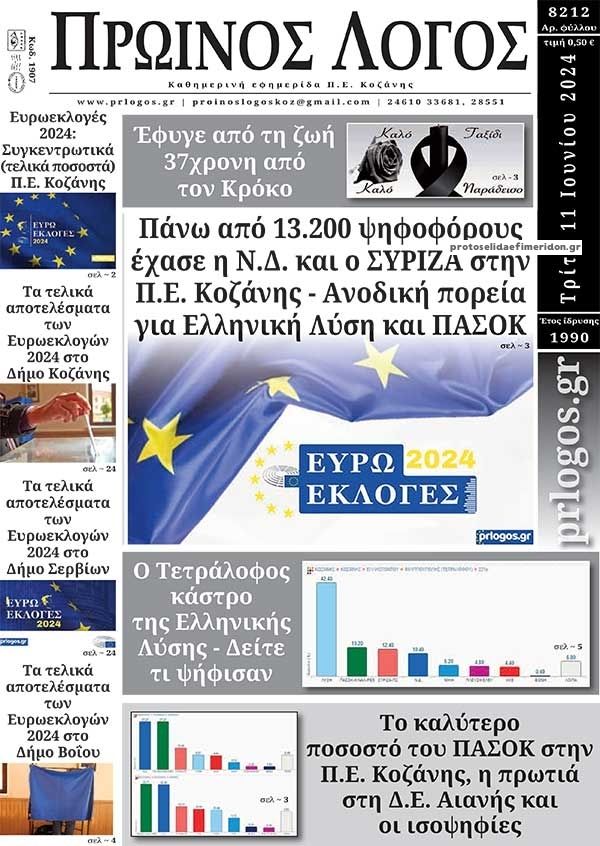 Πρωτοσέλιδο εφημερίδας Πρωινός λόγος Κοζάνης