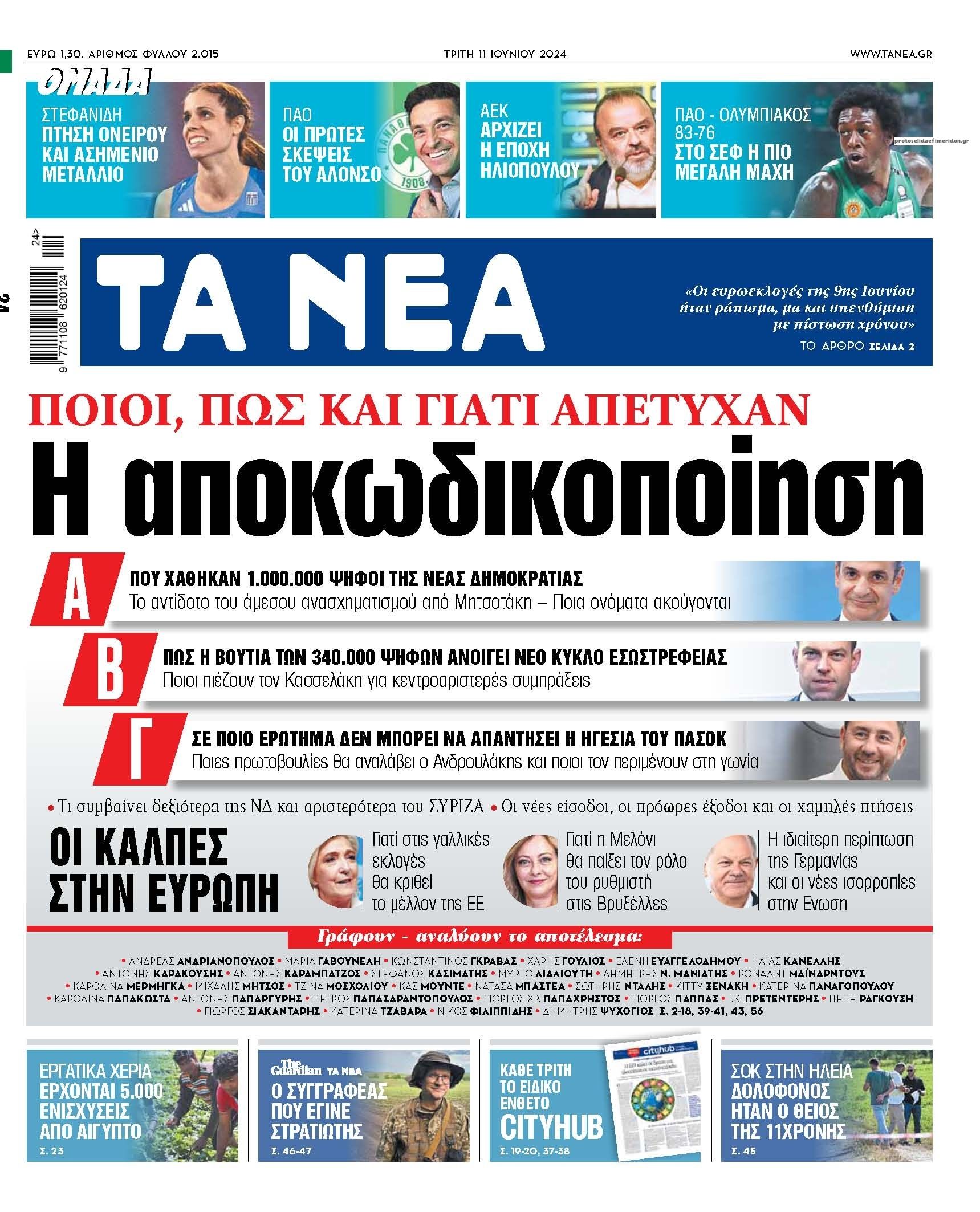 Πρωτοσέλιδο εφημερίδας Τα Νέα