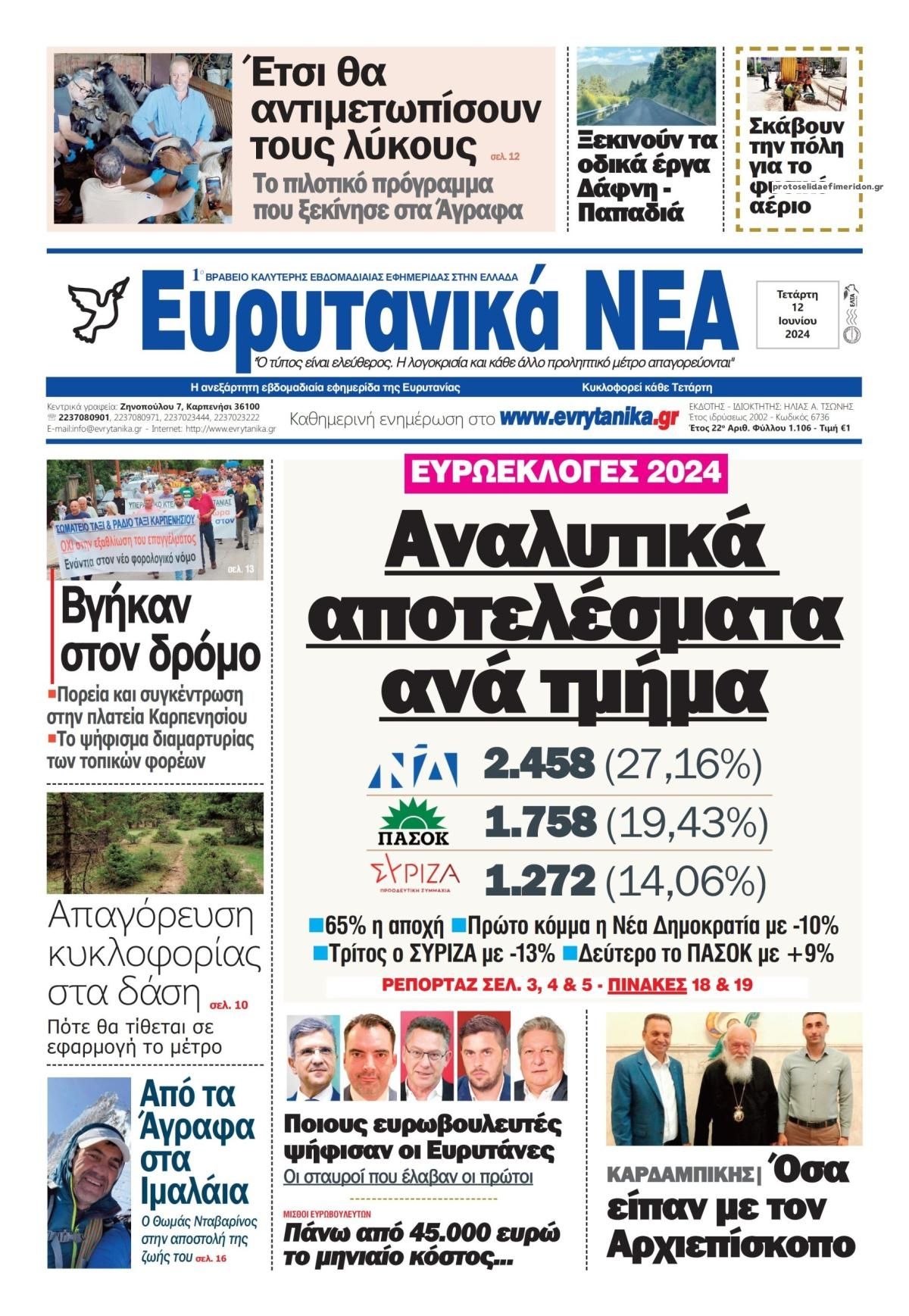 Πρωτοσέλιδο εφημερίδας Ευρυτανικά Νέα