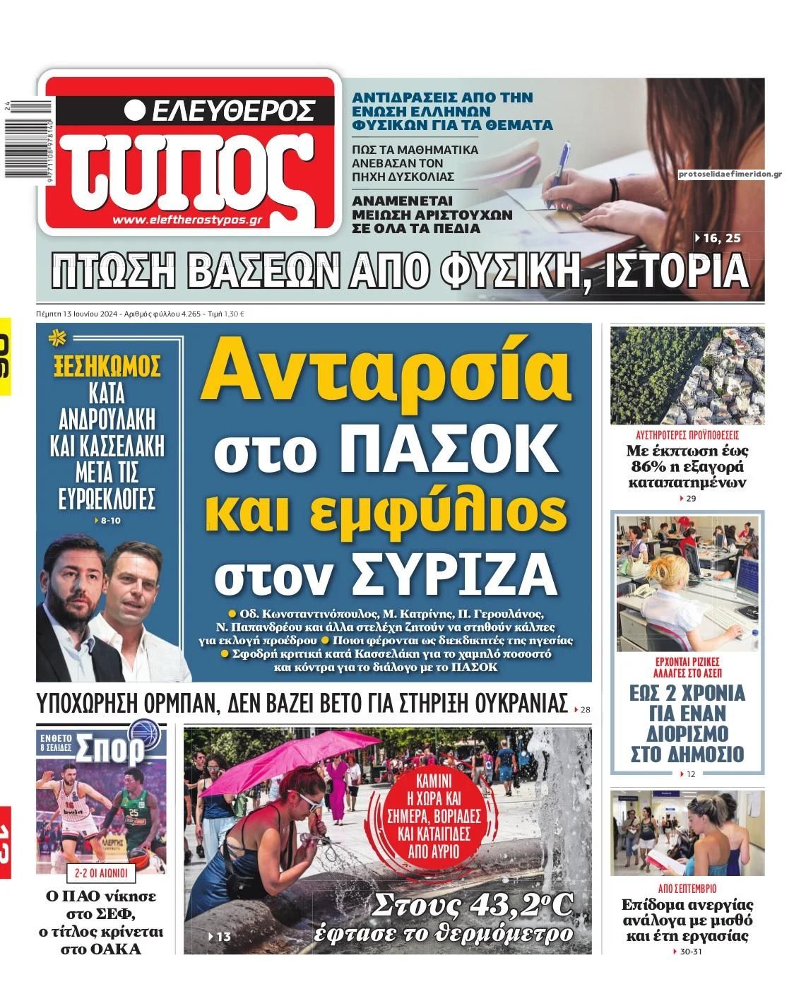 Πρωτοσέλιδο εφημερίδας Ελεύθερος Τύπος