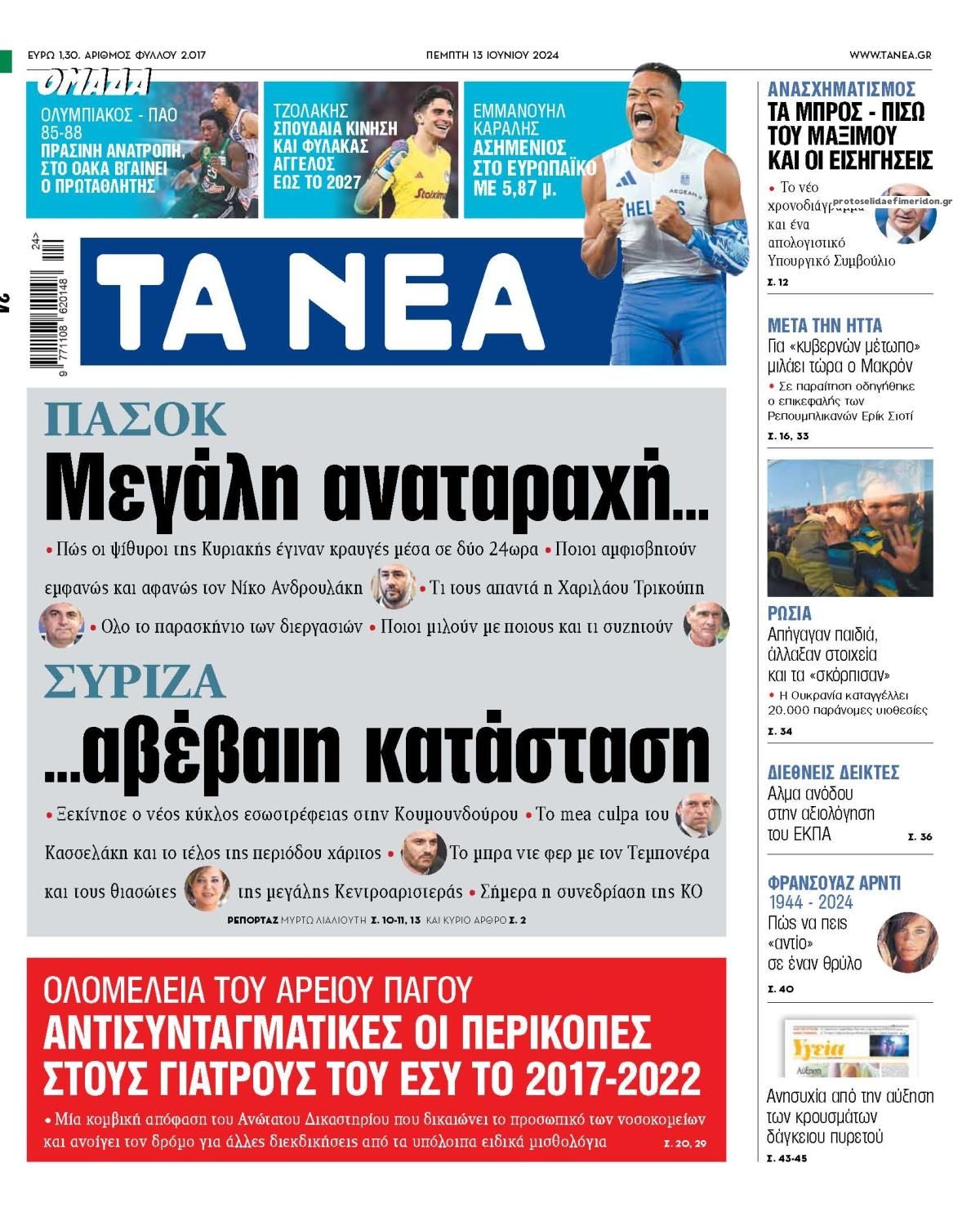 Πρωτοσέλιδο εφημερίδας Τα Νέα