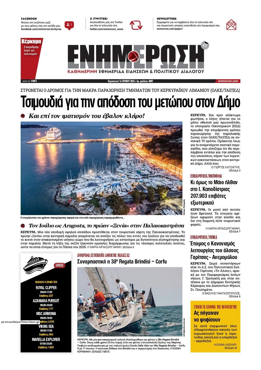 Πρωτοσέλιδο εφημερίδας Ενημέρωση Κέρκυρας