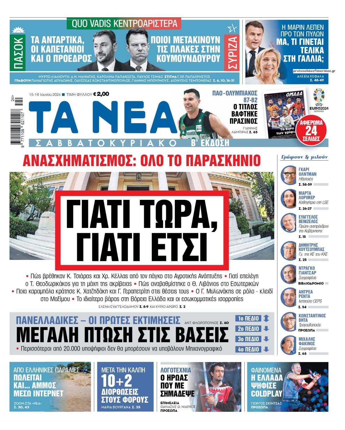 Πρωτοσέλιδο εφημερίδας Τα Νέα