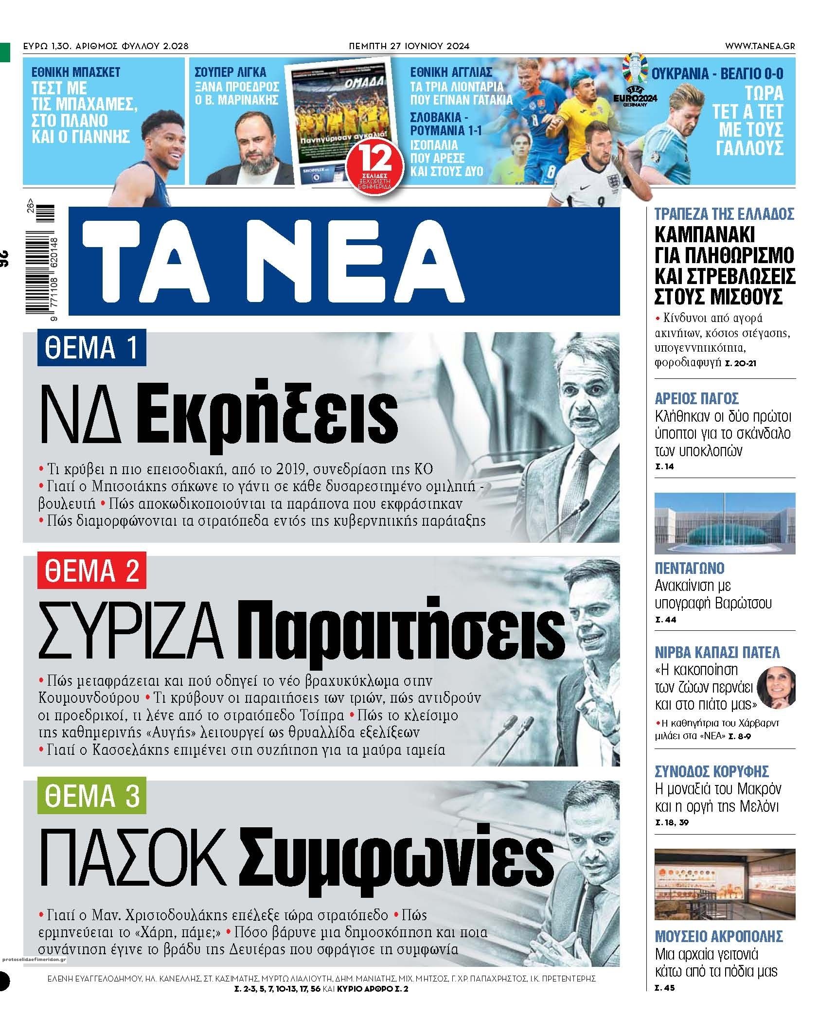 Πρωτοσέλιδο εφημερίδας Τα Νέα