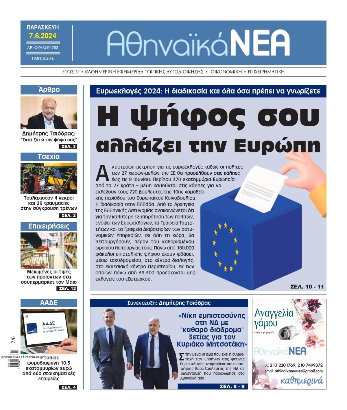 Πρωτοσέλιδο εφημερίδας Αθηναϊκά Νέα