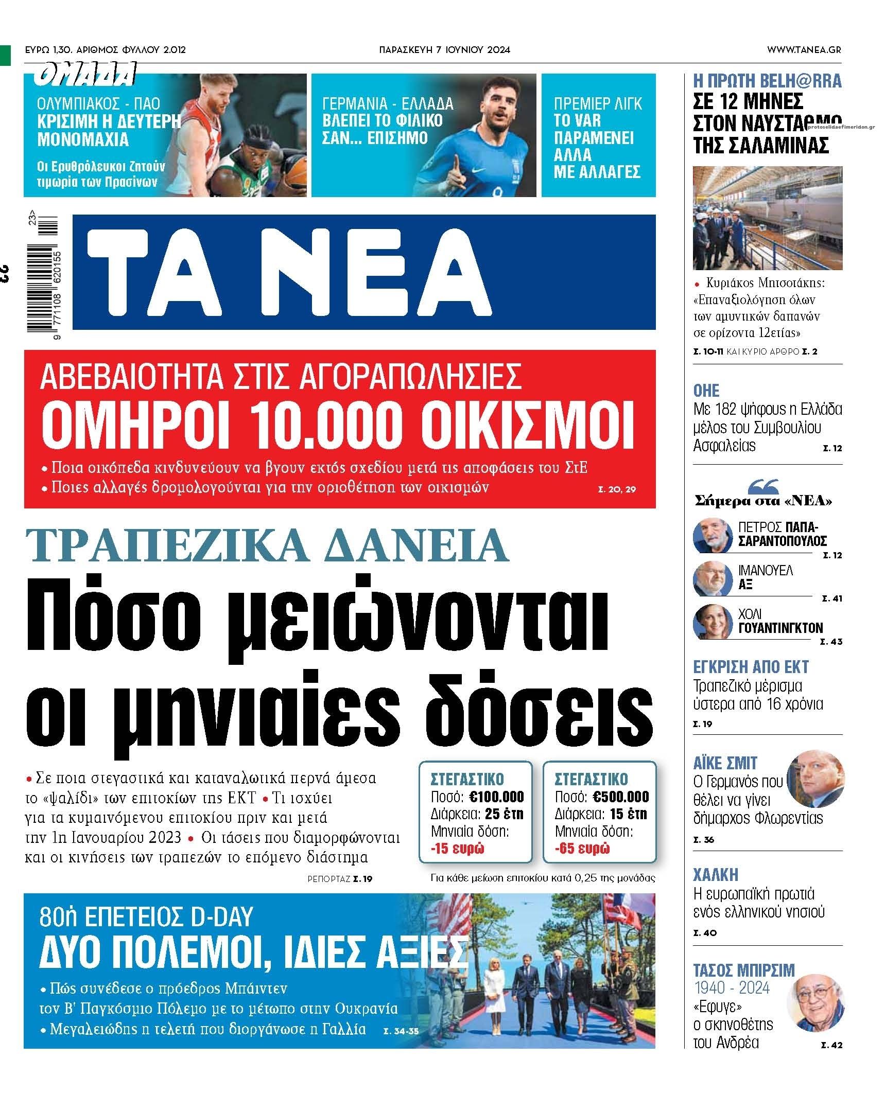 Πρωτοσέλιδο εφημερίδας Τα Νέα