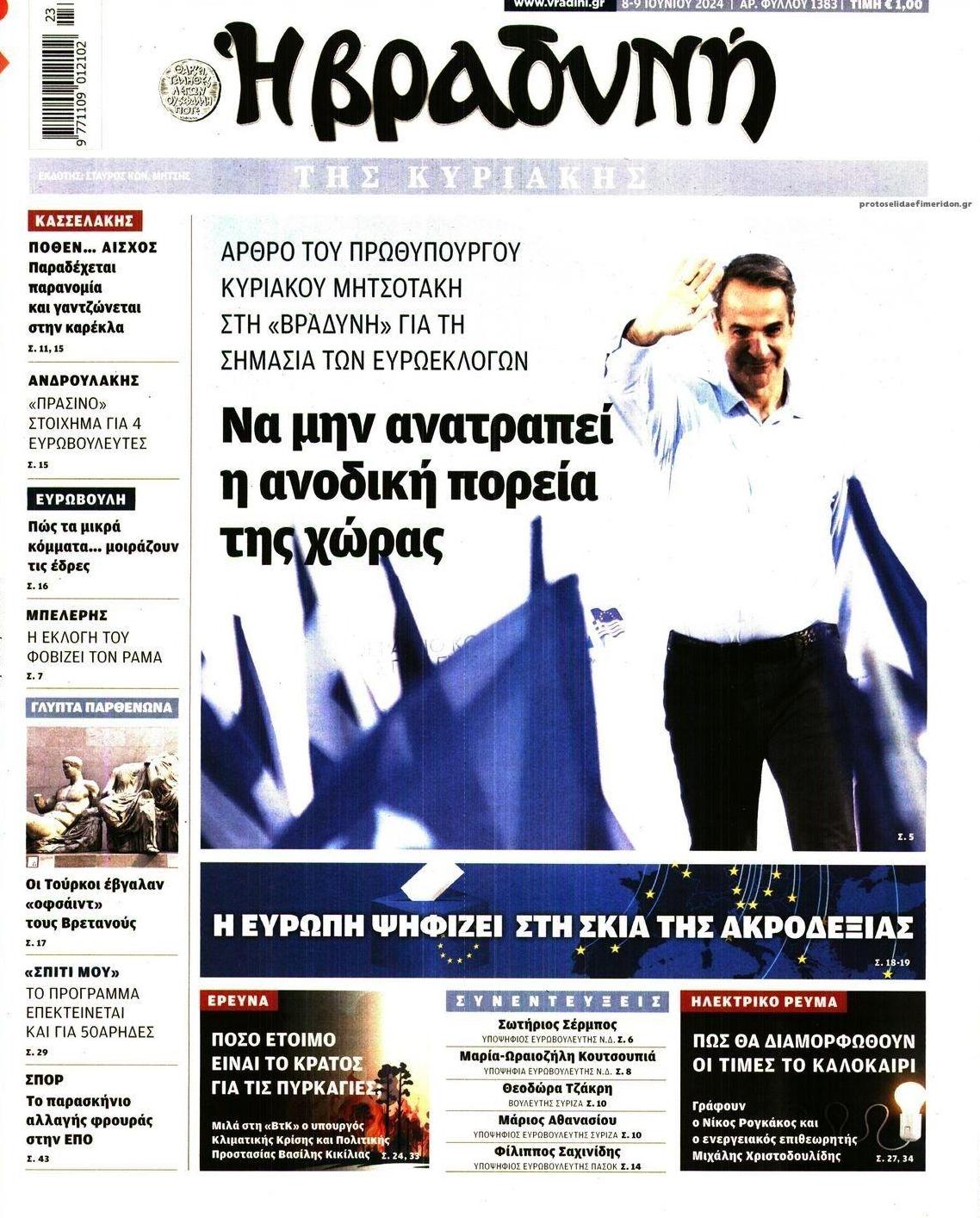 Πρωτοσέλιδο εφημερίδας Βραδυνή Κ.