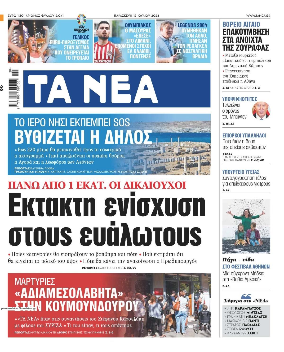 Πρωτοσέλιδο εφημερίδας Τα Νέα