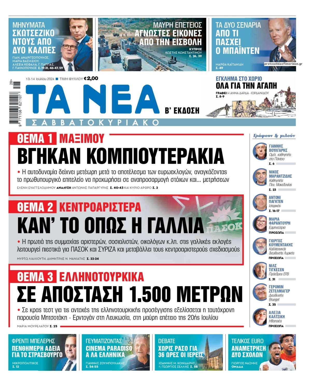 Πρωτοσέλιδο εφημερίδας Τα Νέα