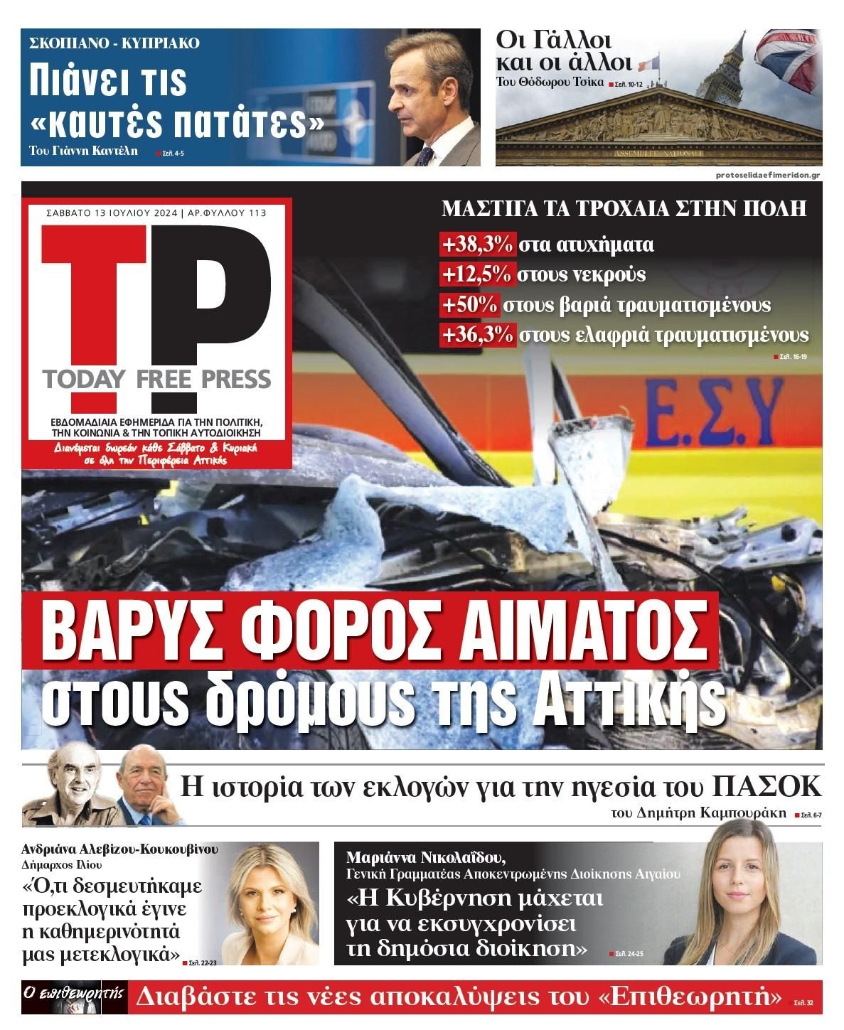 Πρωτοσέλιδο εφημερίδας Today Free Press