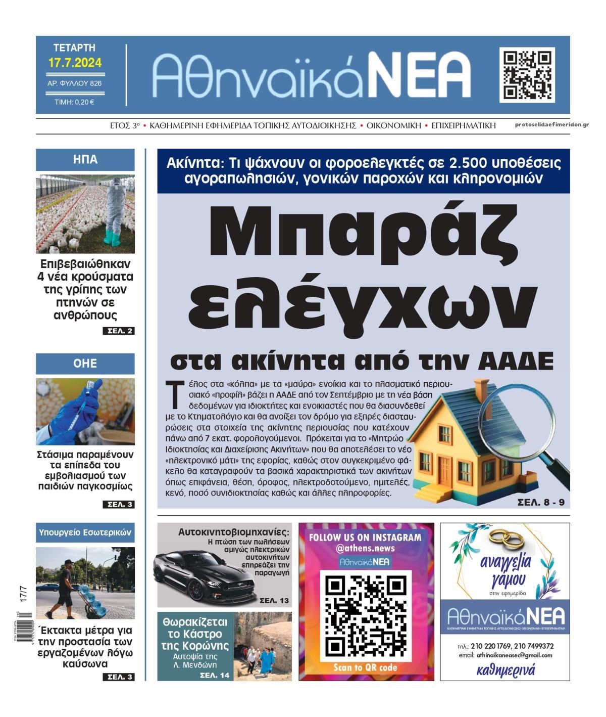 Πρωτοσέλιδο εφημερίδας Αθηναϊκά Νέα