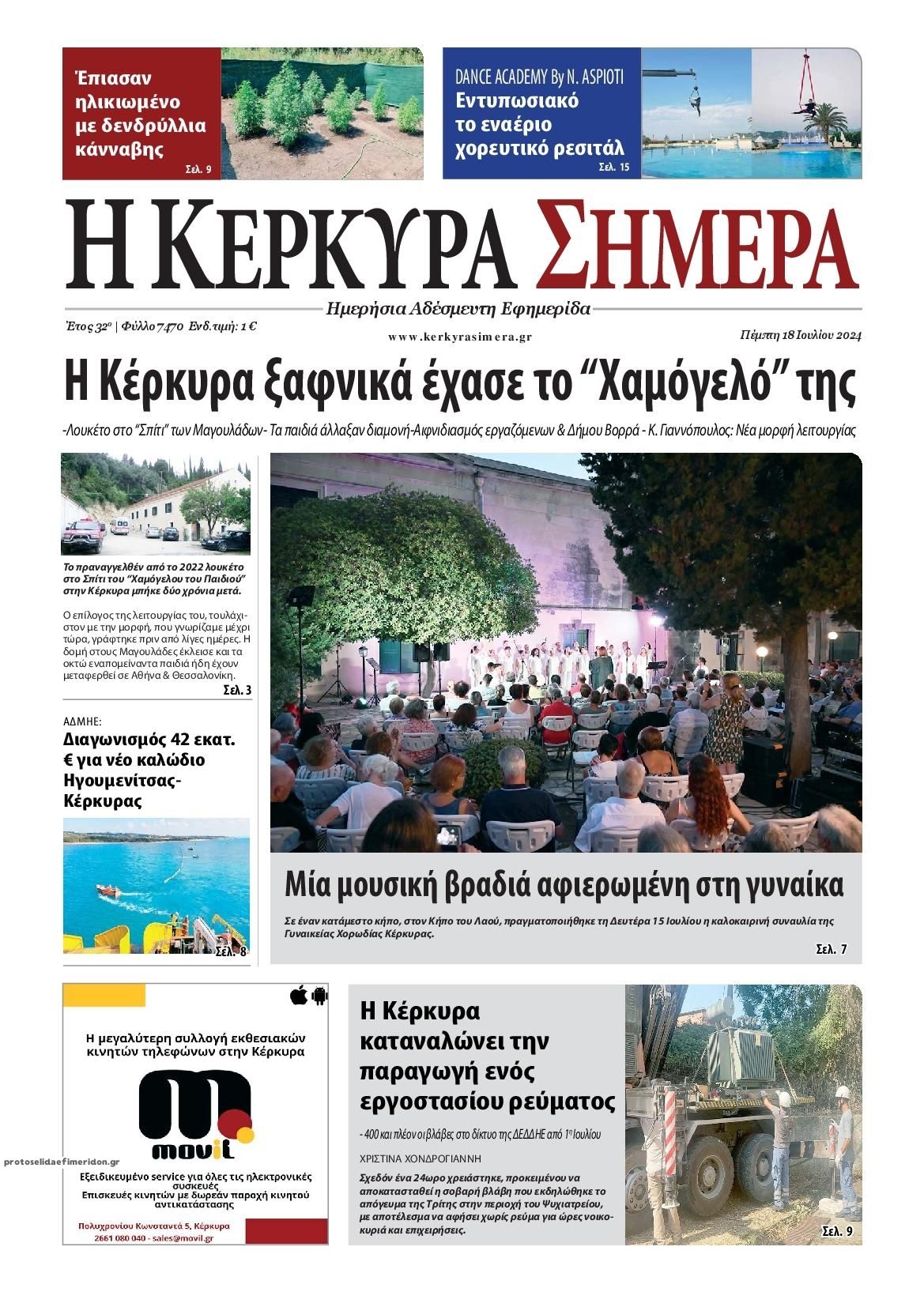 Πρωτοσέλιδο εφημερίδας Η Κέρκυρα Σήμερα