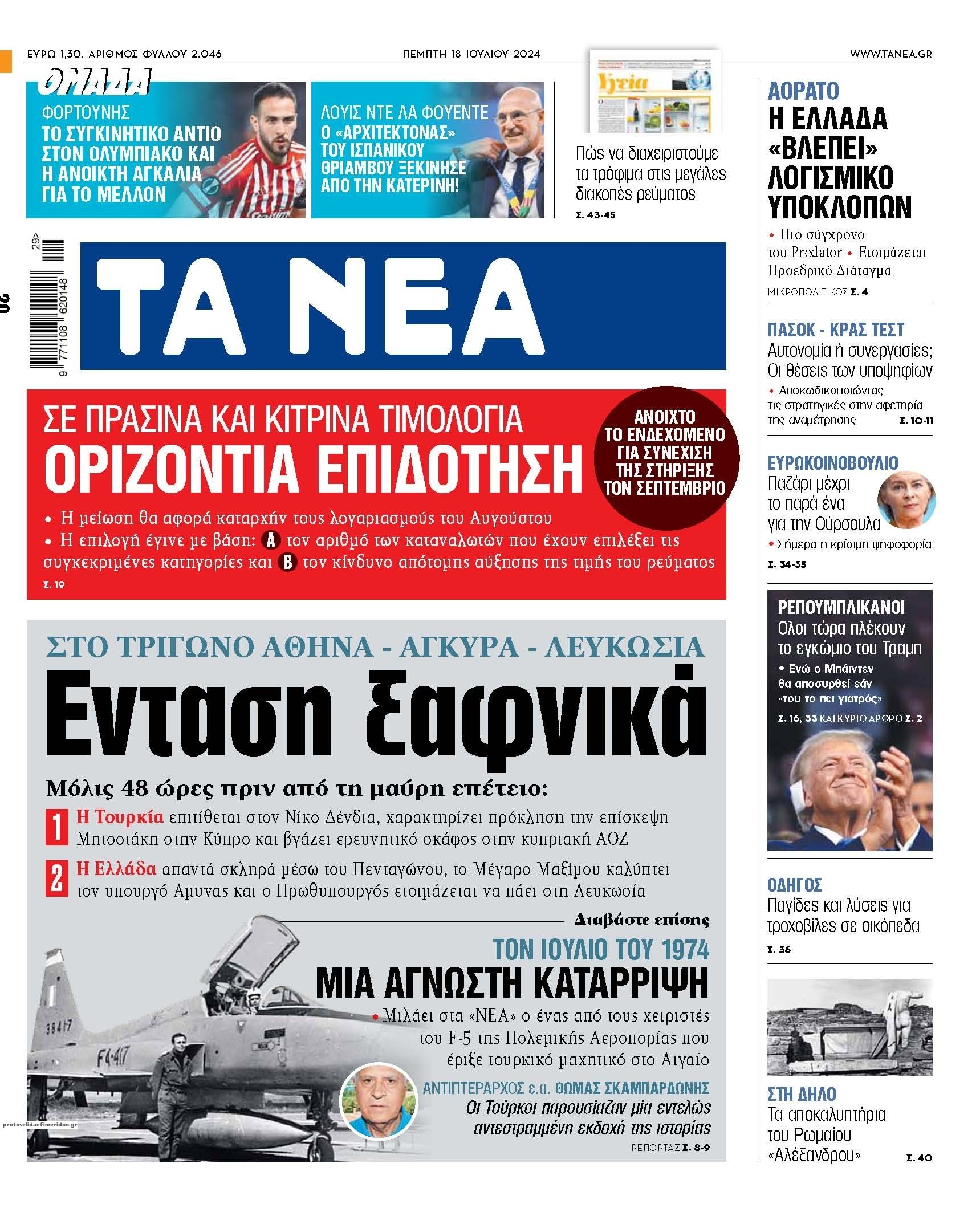 Πρωτοσέλιδο εφημερίδας Τα Νέα