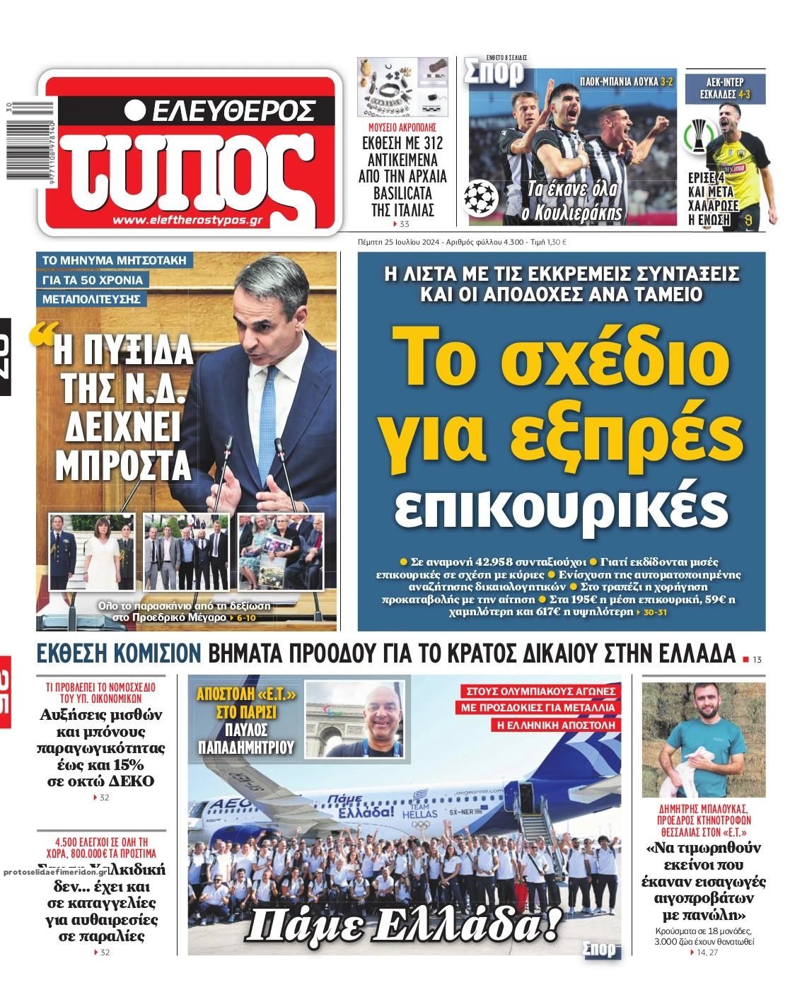 Πρωτοσέλιδο εφημερίδας Ελεύθερος Τύπος